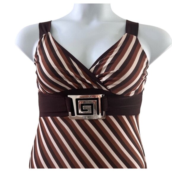 Brown & White Striped Gidani Sleeveless Dress With Belted Waist & Silver Buckle - Picture 8 of 8